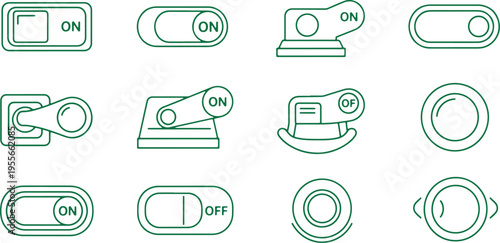 Collection of various types of electrical and mechanical switches in on and off positions
