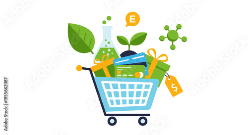 E-commerce & Sustainable Retail: Shopping Cart with Green Products, Science, Finance, and Modern Consumer Solutions