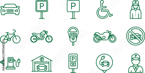 Collection of icons representing various parking and transportation symbols