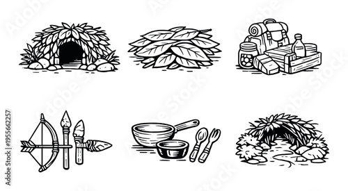 Leaf shelters, camp supplies and primitive tools in outdoor setting