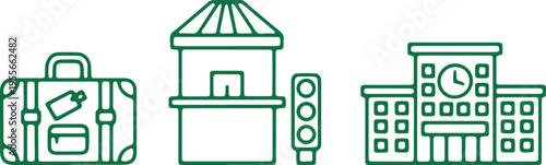 Icons representing travel, accommodation, and institution in a minimalist style