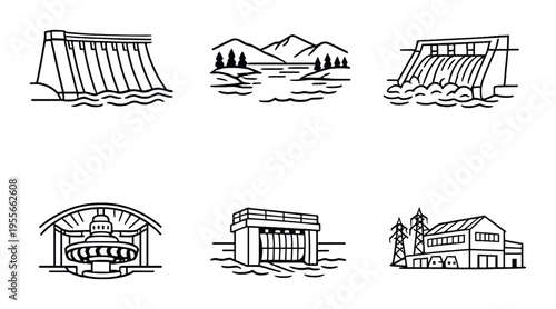 Hydroelectric structures and reservoir scenes at water facilities
