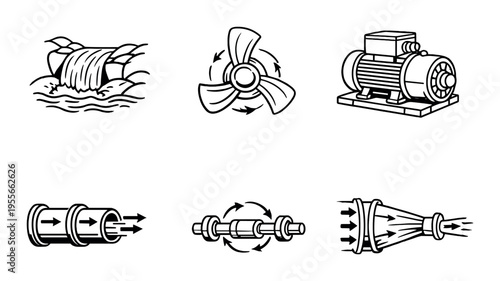Hydraulic machinery components showing flow and rotation diagrams