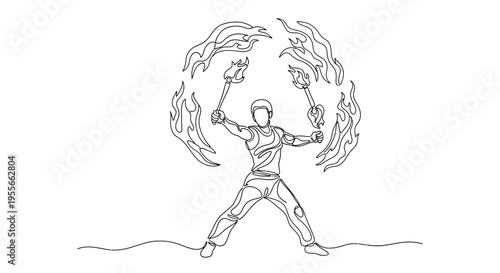 Fire Dancer Juggling Torches with Flames, Continuous Line Art