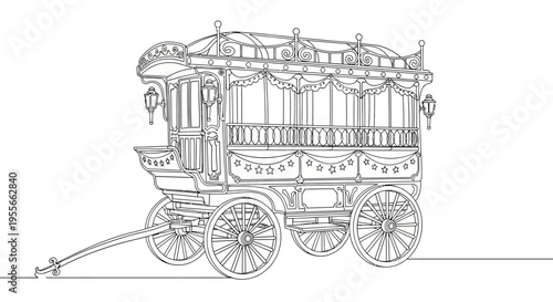 Ornate Caravan Outline Drawing - Vintage Wagon Illustration