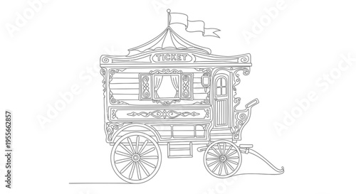 Vintage Caravan Line Art - Circus Wagon with Ticket Booth and Flags