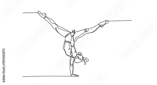 Gymnast performing a handstand split on balance beam, continuous line drawing