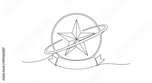 Star emblem with ribbon and orbital ring, simple line art, isolated on white