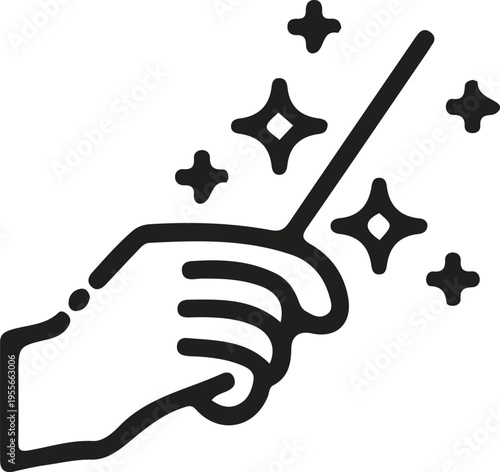 A minimalist black and white line art illustration of a hand holding a glowing magic wand icon