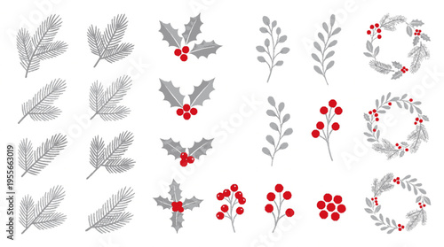 Modern holiday greenery set with red berries and leaves on white background for christmas decor