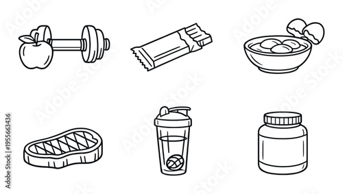 Protein foods and supplements with exercise gear on dark background