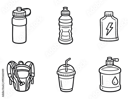 Assorted drink bottles and dispenser with backpack on gray background