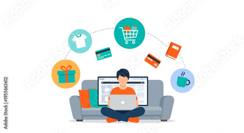 Online Shopping from Home with Laptop and E-commerce Icons: Digital Retail, Payment Methods & Product Selection for Convenient Consumer Experience.