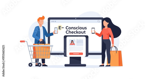 E-Conscious Checkout: Sustainable Online Shopping. Ethical Consumerism & Responsible Digital Commerce Vector Illustration.