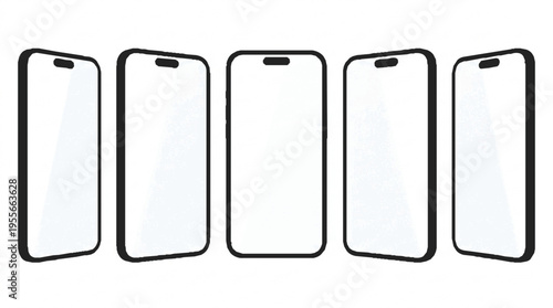 Minimalistic premium smartphones displayed in a clean symmetrical row with sleek black frames and white screens