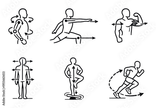Human mobility icons showing exercises on dark gradient background