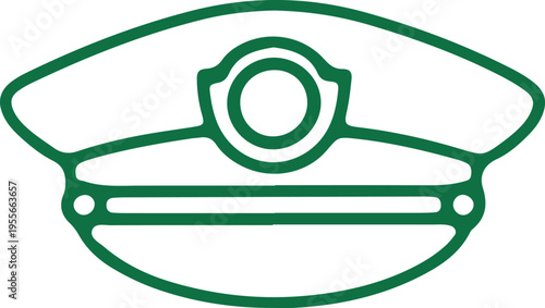 Classic police officer hat with emblem and brim in green outline style