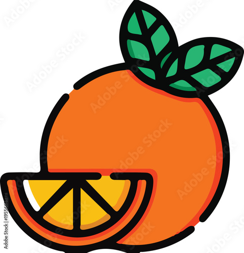 A stylized vector illustration of a fresh orange fruit with two green leaves and a sliced wedge