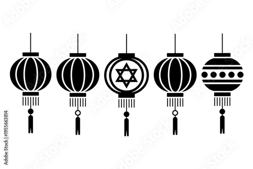 Black and white hanging paper lanterns with tassels  various designs