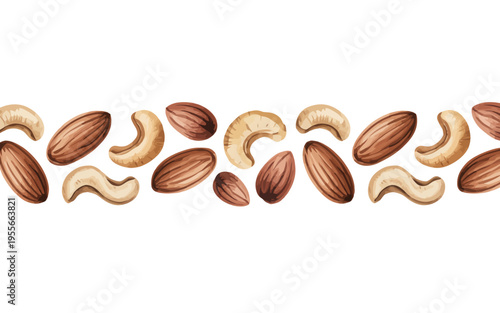 Almonds and cashews nuts in a row on white background