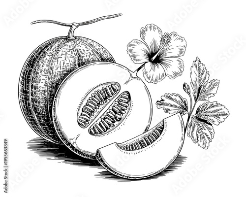Black and white illustration of melons with flower and leaves on white background