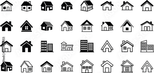A collection of 30 simple house icons in various styles and designs showcasing different architectural features and roof types in black and white