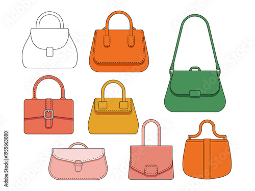 Collection of various colorful handbags and purses for women  fashion accessories