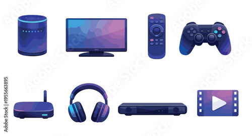 Entertainment devices and controllers displayed on dark background