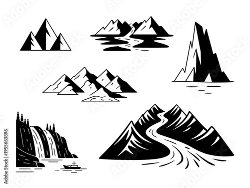 Collection of various mountain ranges and landscapes in black silhouette on white background