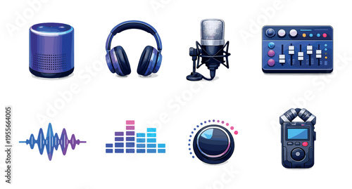 Audio equipment and control icons arranged on dark gradient background