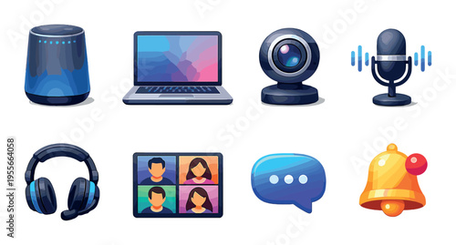 Video conferencing icons and communication tools on dark background