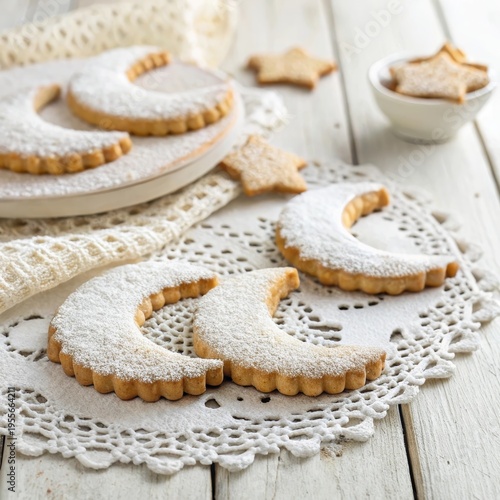 Beautifully decorated crescent moon and star-shaped cookies dusted with powdered sugar on a doily