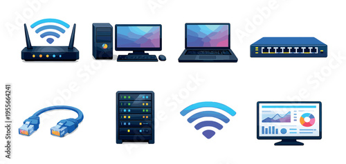 Network hardware and devices arranged on dark background
