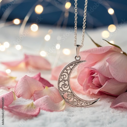 Intricate Silver Crescent Moon Charm Pendant Dangles Among Delicate Pink Rose Petals with Soft Bokeh Lights