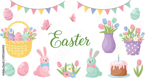 Easter holiday elements set with bunnies eggs flowers basket cake and pastel decorations spring festive vector illustration collection