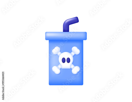 3D style illustration of a glass of drink with a skull symbol. The concept of a poisonous, dangerous, and deadly drink. Poison and liquid. Vector 3D style. Element, icon, symbol, sign. blue