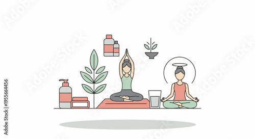 Two people meditate surrounded by plants and wellness products indoors.