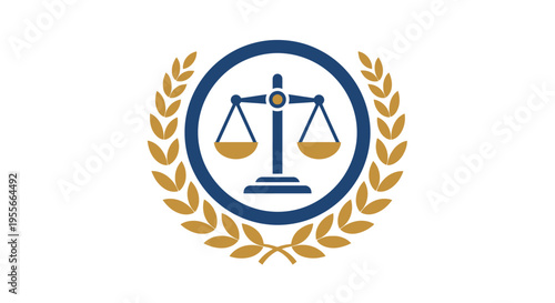 A classic blue and gold balance scale, representing justice, enclosed in a circular frame with a laurel wreath, on a white background.