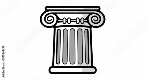 A stylized black and white illustration of an ancient Greek Ionic column with a fluted shaft and volute capital, representing classical architecture and history.