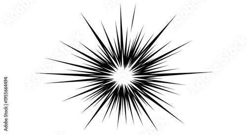 A black and white graphic illustration of a radial burst or explosion effect, emanating from a central point.