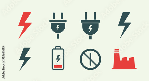 A collection of eight flat design icons representing electricity, power, energy, and related concepts such as charging, plugs, and industrial generation.