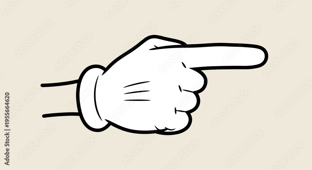 Obraz premium Cartoon Hand with White Glove Pointing Rightward in Comic Style on Light Beige Background.
