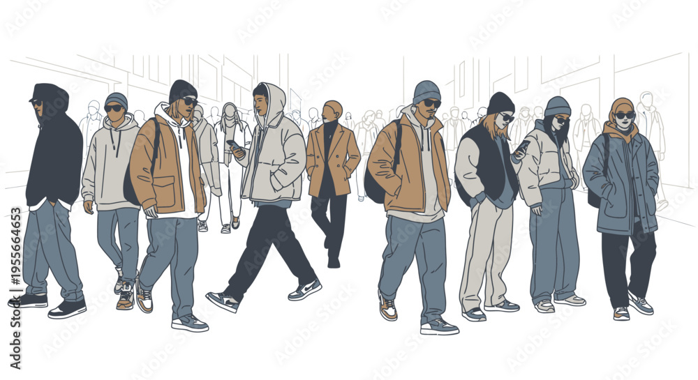 Obraz premium Diverse Group of Young Men Walking on a Busy Urban Street in Streetwear Fashion.