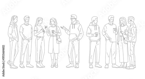 Diverse Group of Young Adults Standing and Interacting in Outline Style, Isolated White Background.