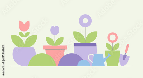 Vibrant illustration of potted plants and garden tools on a shelf indoors