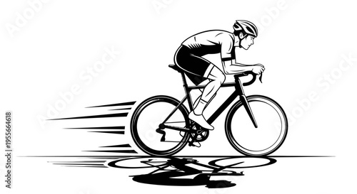 Professional cyclist on a racing bicycle riding fast with speed lines and ground reflection, isolated white background.