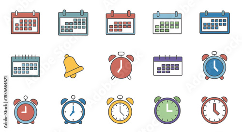 Set of Calendar and Alarm Clock Icons for Time Management and Reminders, Isolated White Background.