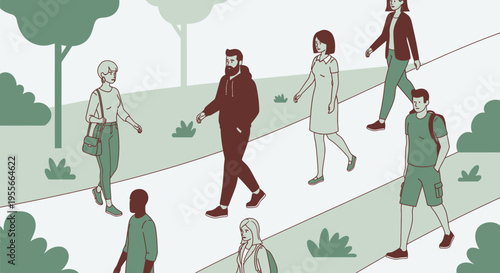 Diverse Group of People Walking Casually in a Green Park Environment.