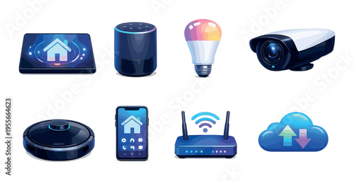 Smart home devices and network icons on dark gradient background