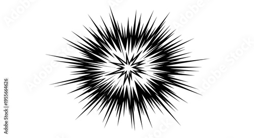 Symmetrical Black Starburst Explosion Graphic Element, Isolated White Background.
